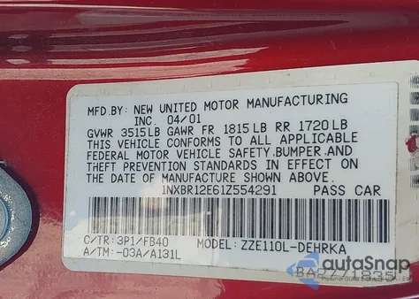 2001 Toyota Corolla Ce from USA, damaged, VIN 1NXBR12E61Z554291